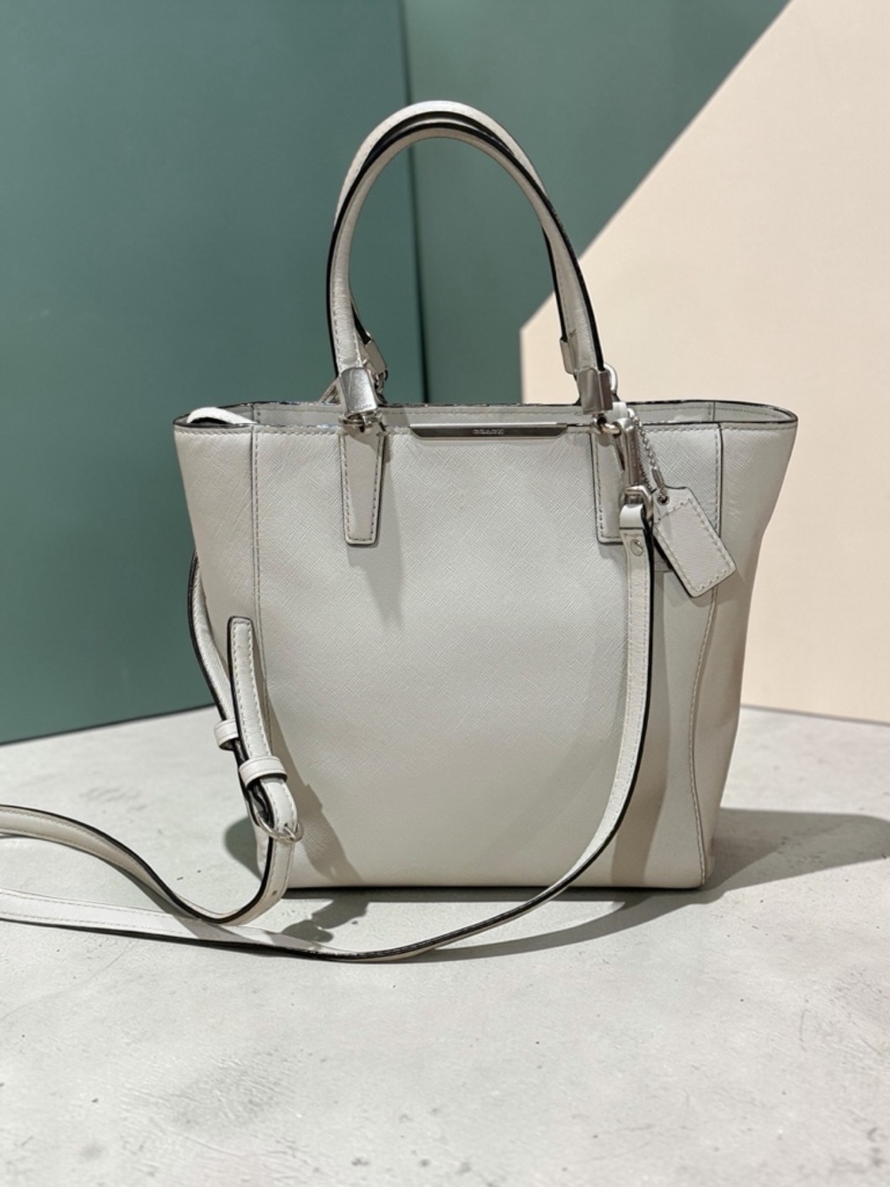 COACH Madison Saffiano Leather Mini North South Tote Light Gray
